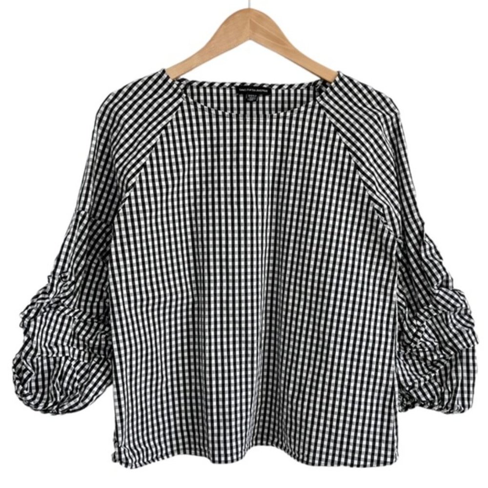 Saks Fifth Avenue Gingham Ruffle Sleeve Scoop Neck Blouse